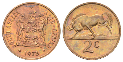 ЮАР 2 цента 1973 герб, антилопа гну KM 83 бронза UNC 4695-1036