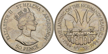 Острова Святой Елены и Вознесения 50 пенсов 1994 50 лет высадке в Нормандии 6 июня KM 19 медно-никель 4125-922