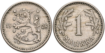 ФИНЛЯНДИЯ 1 МАРКА 1928 S KM 30 медно-никель 4563-625