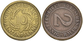 ГЕРМАНИЯ ИГРОВАЯ ПОДДЕЛКА АВЕРС 2 РЕЙХСПФЕННИГА, РЕВЕРС 10 РЕНТЕНПФЕННИГОВ 4563-727