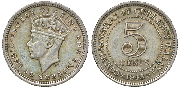 Британская Малайя 5 центов 1943 Георг VI (1937-1952) KM 3a серебро 53-143