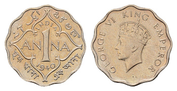 Британская Индия 1 анна 1940 KM 536 медно-никель 4189-567