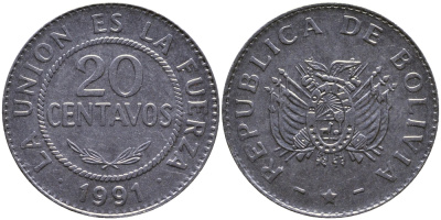 БОЛИВИЯ 20 СЕНТАВО 1991 KM 203 нержавеющая сталь UNC 4388-125