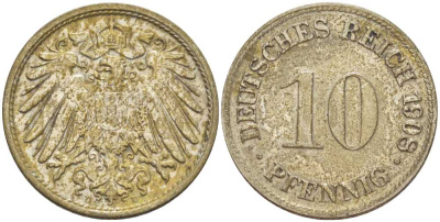 ГЕРМАНИЯ 10 ПФЕННИГОВ 1908 D KM 12, J. 13, Weege 8 медно-никель 212-124