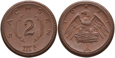 Саксония 2 марки 1921 J. N 56 фарфор 1094-1-61