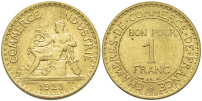 ФРАНЦИЯ 1 ФРАНК 1923 CHAMBRES DE COMMERCE KM 876, LE FRANC 218.5 алюминиевая бронза UNC 77-914