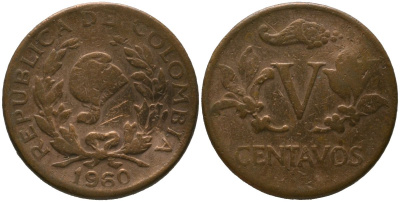 Колумбия 5 сентаво 1960 KM 206, Schon 27, Hernandez 382, Restrepo 370.23 медь 4576-1237