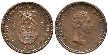 ДАНИЯ 3 СКИЛЛИНГА 1812 ФРЕДЕРИК VI (1808-1839) KM 672 (С89) медь 100-751