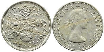 Великобритания 6 пенсов 1967 Елизавета II (1952-2022) KM 903, Spink 4149 медно-никель 4392-1329