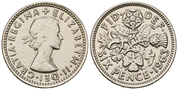 Великобритания 6 пенсов 1963 Елизавета II (1952-2022) KM 903, Spink 4149 медно-никель 4387-447