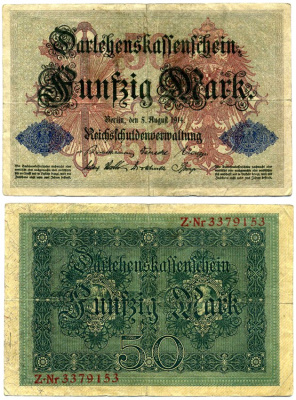 Германия 50 марок 1914 5 августа 1914, номер семизначный, серия Z Pick 49, Роземберг 50b бумага F-VF 6280-31-2-2