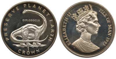 Остров Мэн 1 крона 1993 СЕРИЯ СОХРАНИМ ПЛАНЕТУ ЗЕМЛЯ, ДИНОЗАВР ДИПЛОДОКУС (DIPLODOCUS) KM 358 медно-никель UNC 00-00