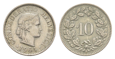 Швейцария 10 раппенов 1964 B KM 27 медно-никель 4625-312