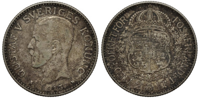 Швеция 2 кроны 1913 W, Густав V (1907-1950) KM 787 серебро 413-6313