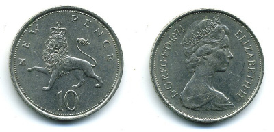 Великобритания 10 пенсов 1974 Елизавета II (1952-2022) KM 912, Spink 4231 (F1) медно-никель  4110-1343