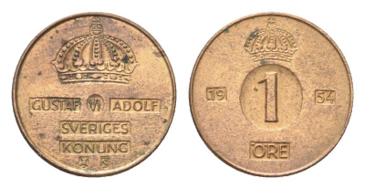 Швеция 1 эре 1954 TS Густав VI Адольф (1950-1973) KM 820 бронза 4705-913