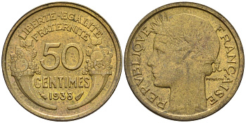 Франция 50 сантимов 1933 KM 894.1, Le Franc 192.15 алюминиевая бронза 4596-764