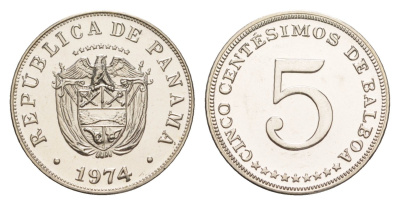 Панама 5 сентесимо 1974 тираж 19.000 экземпляров KM 23.2 медно-никель PROOF 1524-1134