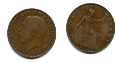 Великобритания 1 пенни 1921 Георг V (1910-1936) KM 810, Spink 4051 бронза 47-446