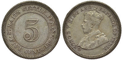 Стрейтс-Сетлментс 5 центов 1926 Георг V (1910-1936) КМ 36 серебро 53-539