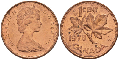 Канада 1 цент 1978 Елизавета II (1952-2022), кленовый лист KM 59.1 бронза 71-444