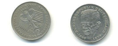 ФРГ 2 марки 1982 F, Курт Шумахер KM 149, J. 424 медно-никель плакированный никелем 83-1913