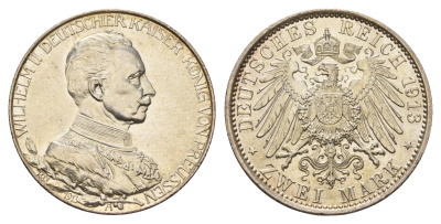 Пруссия 2 марки 1913 A, Вильгельм II (1888-1918), 25 лет правления (мундир) Weege 111, J. 111, KM 533 серебро UNC 00-807-20