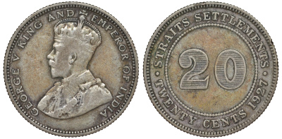 Стрейтс-Сетлментс 20 центов 1927 Георг V (1910-1936) КМ 30b серебро 53-753