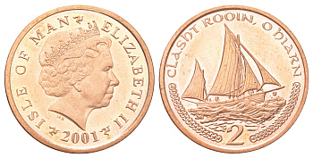 Остров Мэн 2 пенса 2001 KM 1037 сталь плакированная медью UNC 4624-342