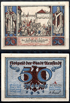 Арнштадт (Тюрингия) 50 пфеннигов 1921 Mehl Grabowski 43.3a-1/6 бумага UNC (пресс) 7556-15-4-1