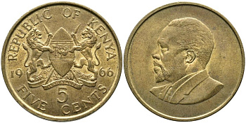 Кения 5 центов 1966 Джомо Кениата KM 1 никель латунь 3336-547