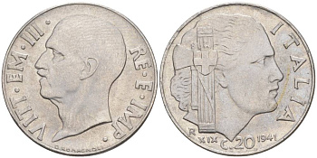 ИТАЛИЯ 20 ЧЕНТЕЗИМО 1941 R, ГОД XIX, ВИКТОР ЭММАНУИЛ III (1900-1946) KM 75b, VEM3. 1028 нержавеющая сталь 3853-956