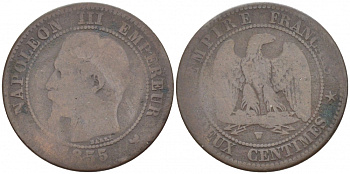 ФРАНЦИЯ 2 САНТИМА 1855 W, НАПОЛЕОН III (1852-1870) KM 776.7 бронза 116-741