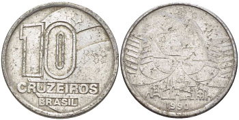 Бразилия 10 крузейро 1990 золотодобыча KM 619.1 нержавеющая сталь 3996-737