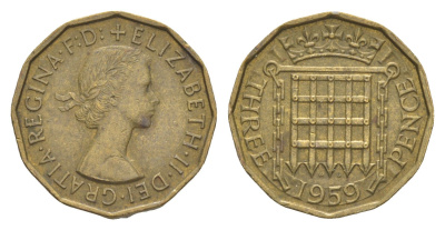 Великобритания 3 пенса 1959 Елизавета II (1952-2022) KM 900, Spink 4153 никель латунь 4571-813