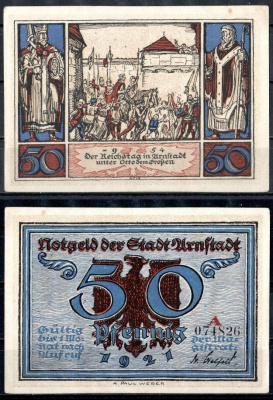 Арнштадт (Тюрингия) 50 пфеннигов 1921 Mehl Grabowski 43.3a-1/6 бумага UNC (пресс) 7556-15-4-1