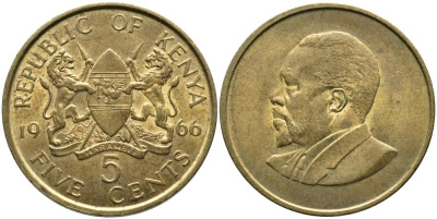Кения 5 центов 1966 Джомо Кениата KM 1 никель латунь 3336-547