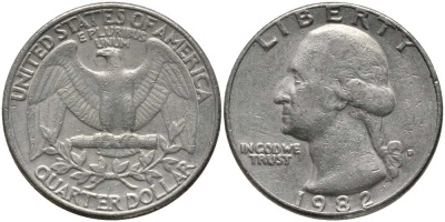 США 25 центов = квотер 1982 D, Вашингтон KM А164а медь плакированная медно-никелем 113-513