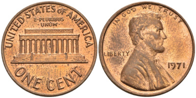 США 1 цент 1971 Линкольн KM 201 медь цинк 4115-865