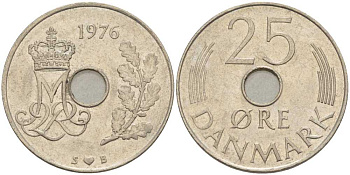 Дания 25 эре 1976 S; B, Маргрете II (1972- ) KM 861.1 медно-никель 94-656