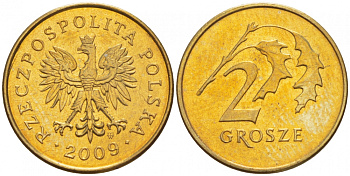 ПОЛЬША 2 ГРОША 2009 MW KM 277 латунь UNC 4516-1145