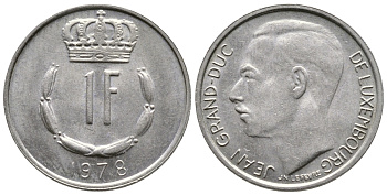 ЛЮКСЕМБУРГ 1 ФРАНК 1978 ВЕЛИКИЙ ГЕРЦОГ ЖАН (1964-2000) KM 55 медно-никель 4364-136