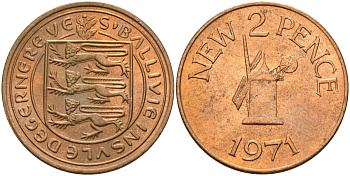 Гернси 2 пенса 1971 Елизавета II (1952-2022), ветряная мельница KM 22 бронза aUNC 4153-715