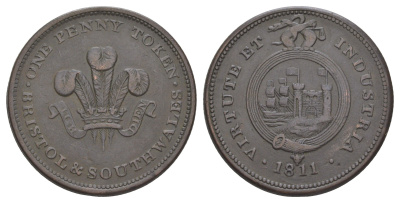 Великобритания, Бристоль и Юг Уэльса 1 пенни 1811 токен Withers 540, Davis 103 медь 1526-815