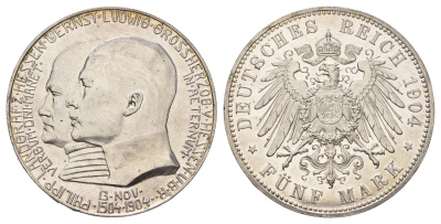 Гессен 5 марок 1904 400 лет со дня рождения Филиппа I Великодушного KM 373 серебро UNC 00-814-50