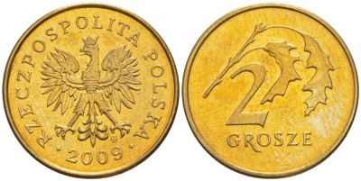 ПОЛЬША 2 ГРОША 2009 MW KM 277 латунь UNC 4516-1145