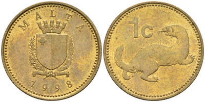 Мальта 1 цент 1998 ласка, горностай KM 93 никель латунь 4585-1242