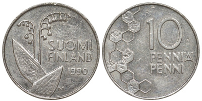 Финляндия 10 пенни 1990 KM 65 медно-никель 4173-661