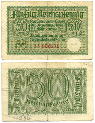 ГЕРМАНИЯ 50 РЕЙХСПФЕННИГОВ 1940-1945 ДЛЯ ОККУПИРОВАННЫХ ТЕРРИТОРИЙ Pick R135 бумага 3295-88-3-2