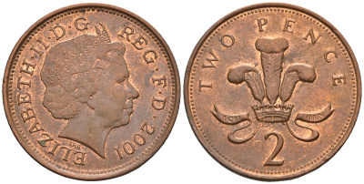 Великобритания 2 пенса 2001 Елизавета II (1952-2022) KM 987, Spink 4690 (C5) сталь плакированная медью 177-745